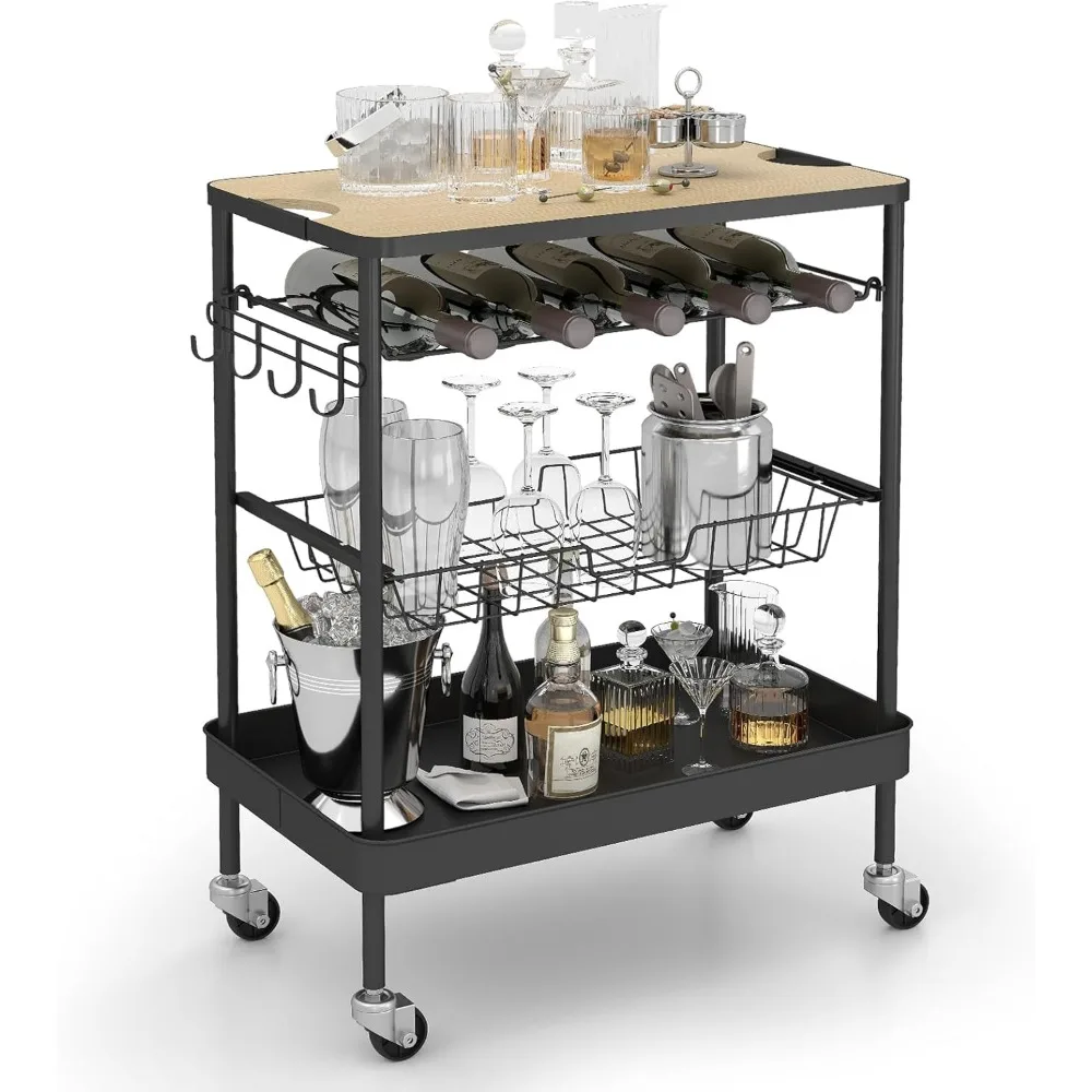 عربة المطبخ المتداول مع رف النبيذ، عربة البار، عربة تقديم بار المنزل على عجلات مع خطاف، عربات الميكروويف للمشروبات المتنقلة، #1