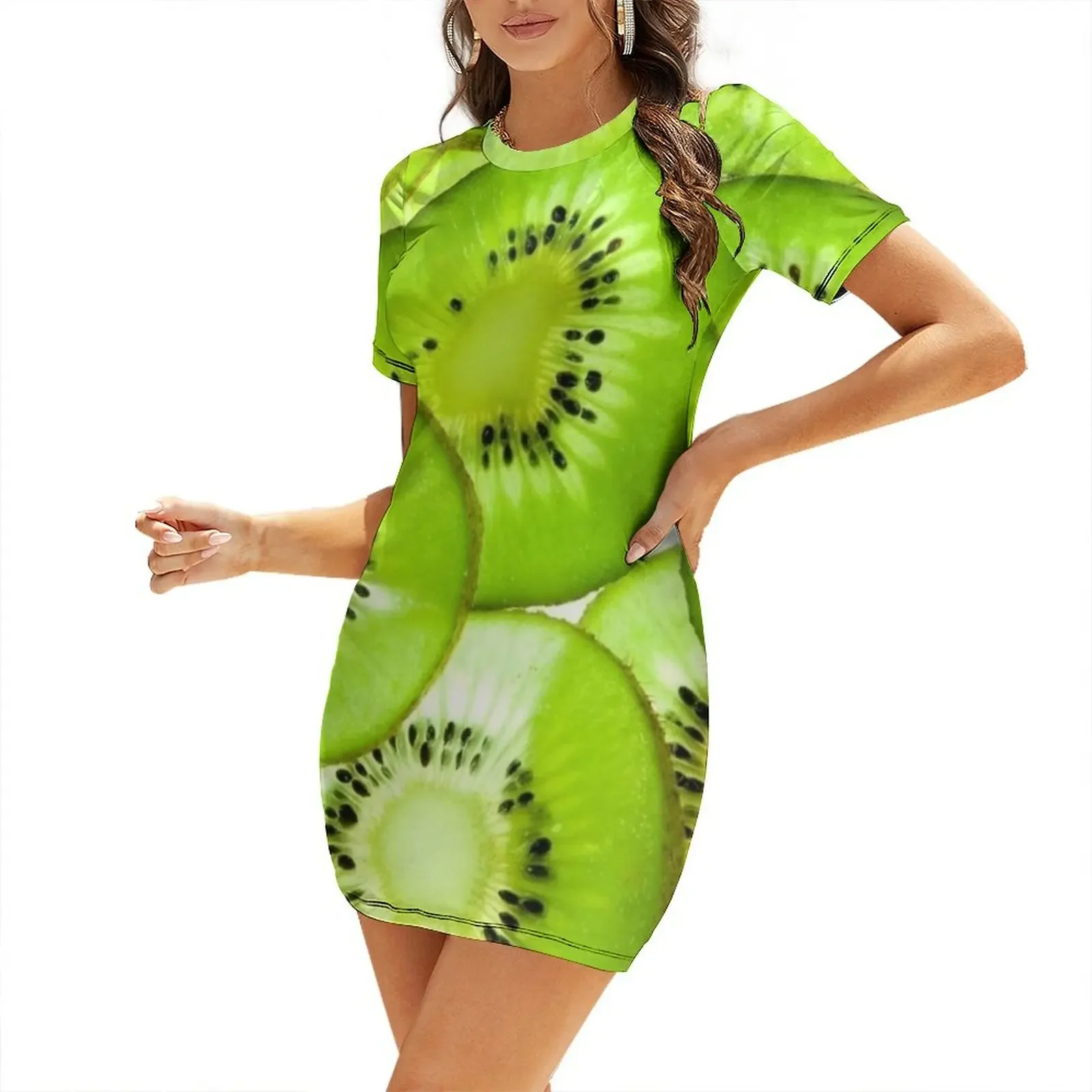 

Kiwi Print Short-Sleeved Dress dress women elegant luxury Female clothing