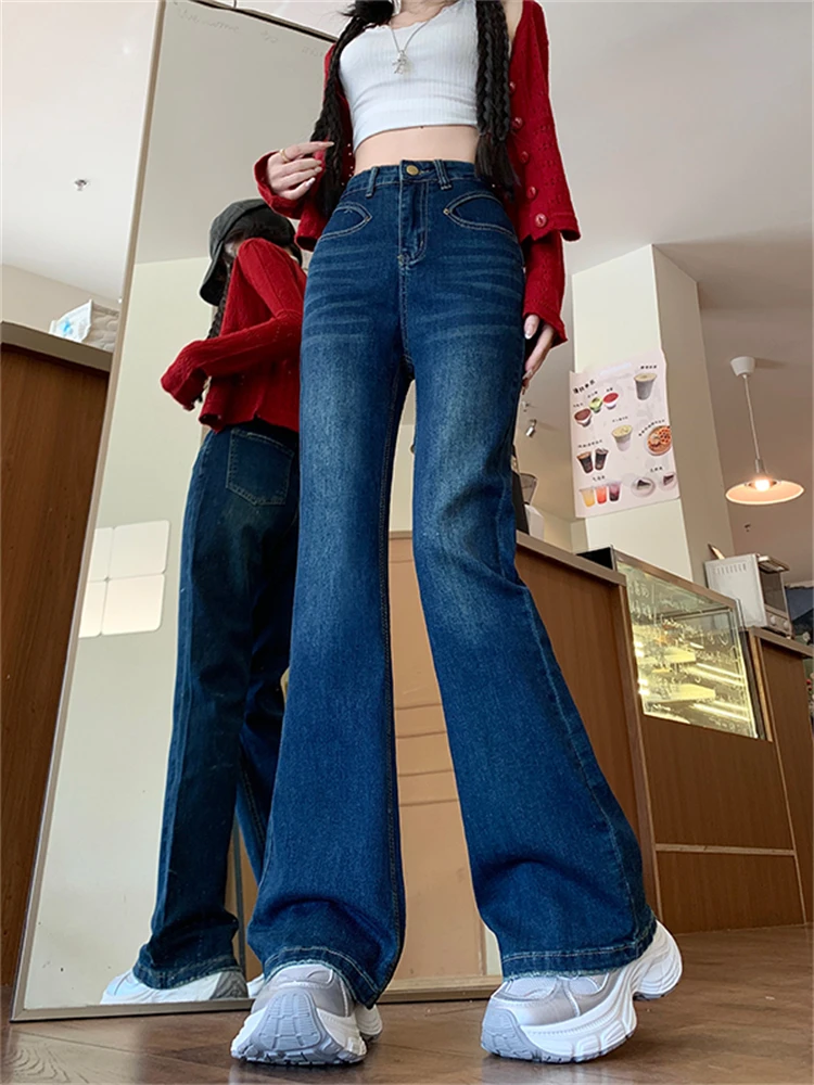 

Джинсы-брюки с высокой талией, женские эластичные утягивающие хлопковые джинсы синего цвета, осенние новые удобные износостойкие джинсы