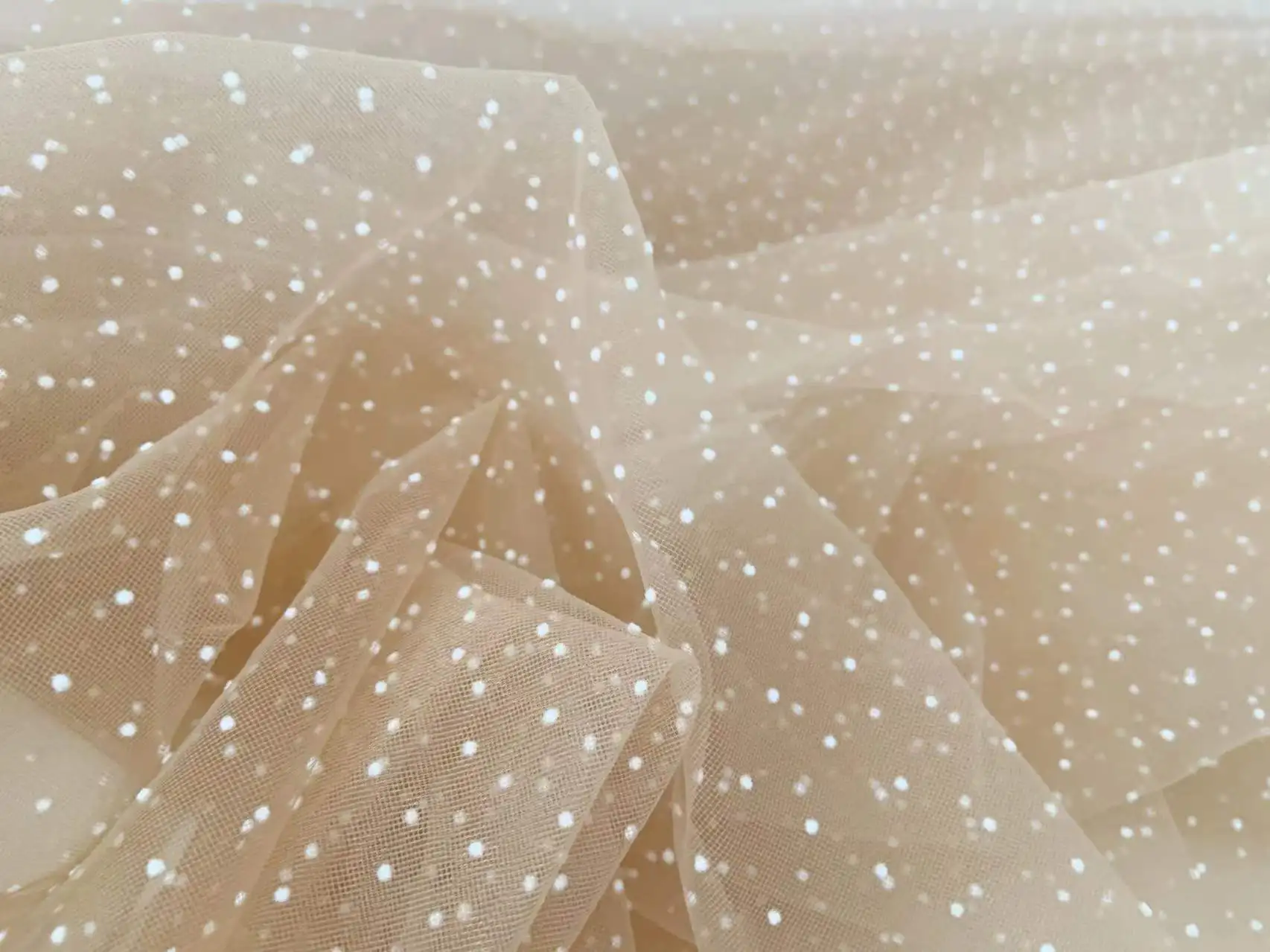 1 Yard Tan Brown Tulle Lace Fabric with White Tiny Polka Dot Gauze for Couture,Curtain,DIY Clothing Accessories