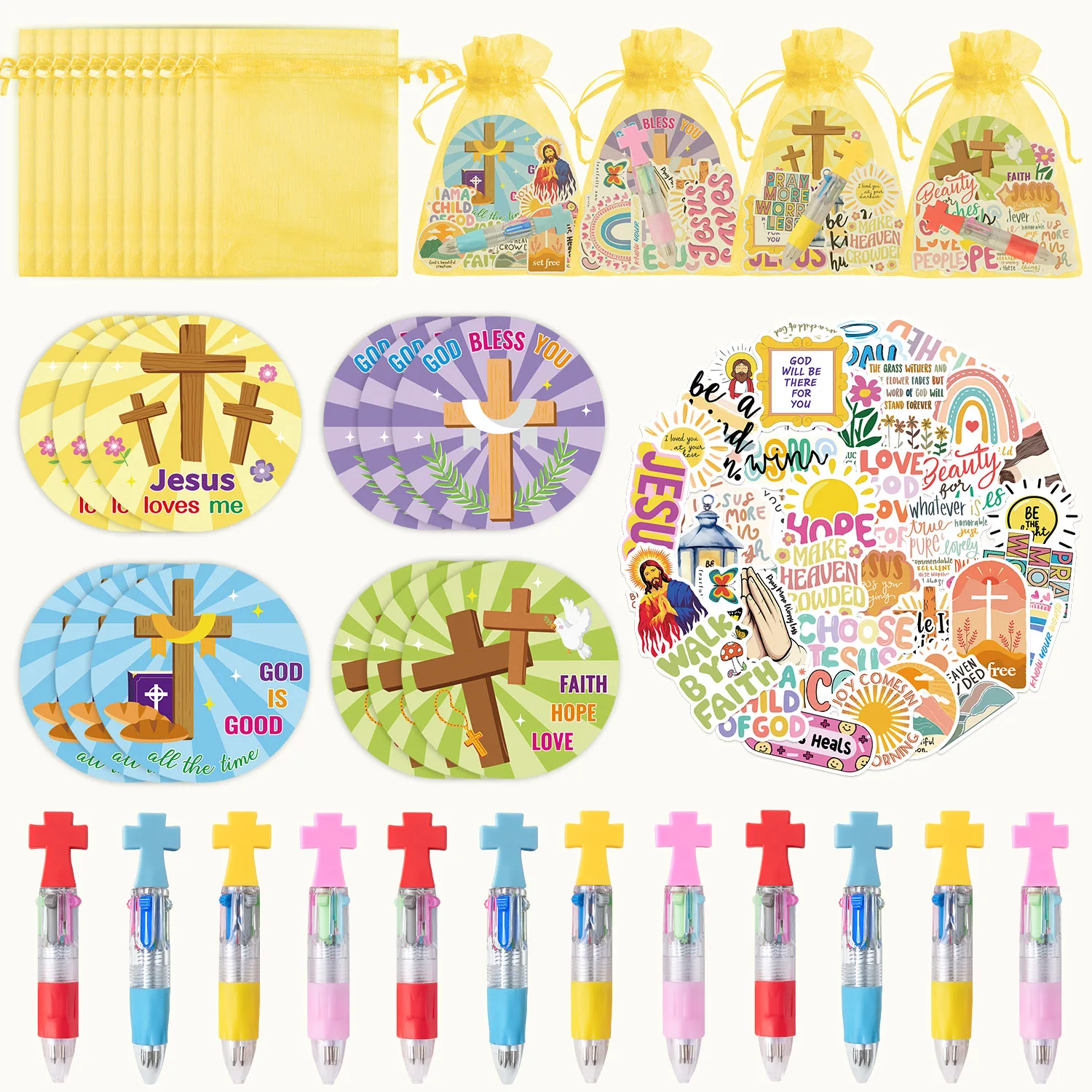 Stationery Halloween Party Favors, 4-In-1 Cross Ballpoint Pens Sticky Note Stickers Net Bag Kit for Teaching Rewards