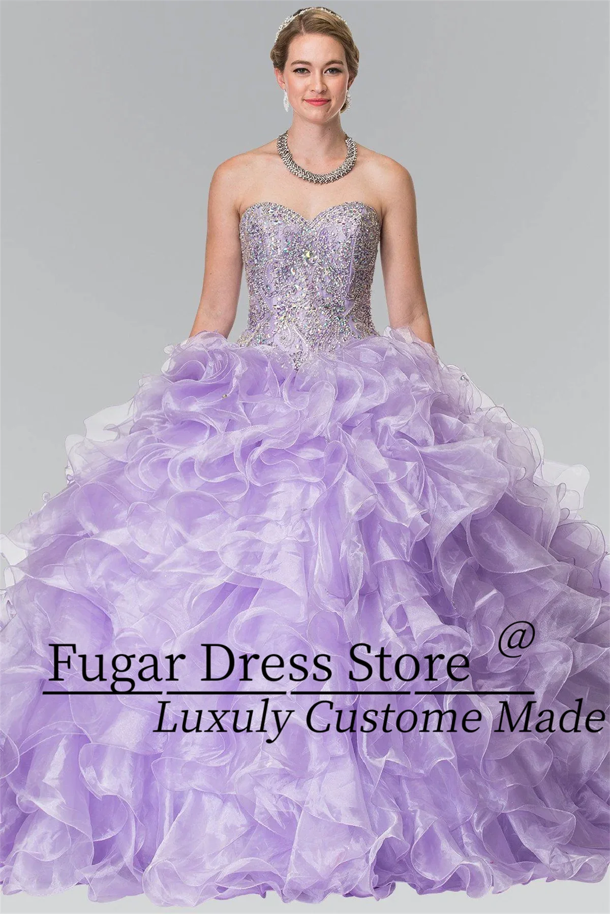 

Luxuly Lilac Princess Quinceanera Dresses Shiny Beaded strapless ruffled edges Vestidos Strapless Collar vestidos para niñas