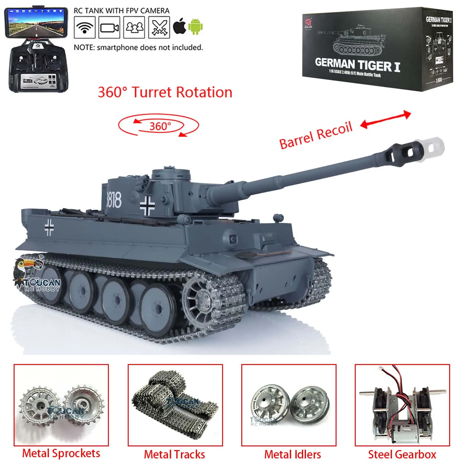 RC Panzer Heng Long 1/16 7.0 Upgrade Tiger I RC Tank FPV 3818 W/ 360° Turret Barrel Recoil Vehicle TH17243