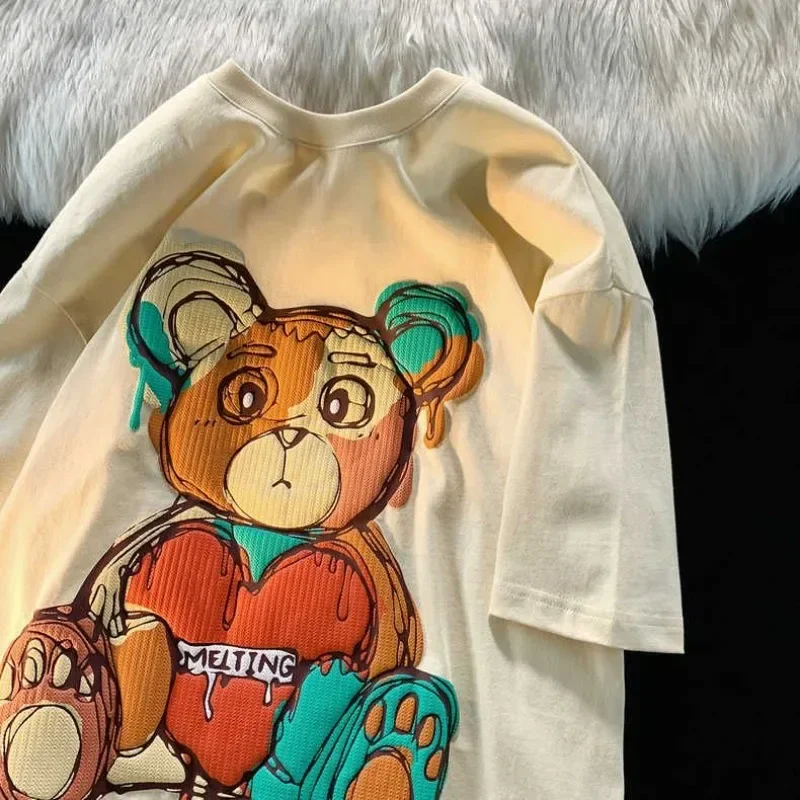 Summer Trendy Couple Loose Casual Top Pure Cotton Retro Graffiti Teddy Bear Printed Short Sleeved T-shirt for Male and Female