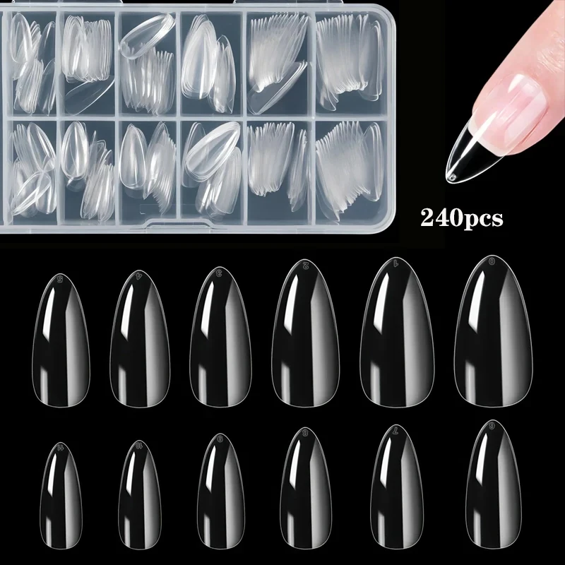 240pcs tips de uñas almendra, transparentes mate suaves, 12 tallas, para casa, salón o manicura
