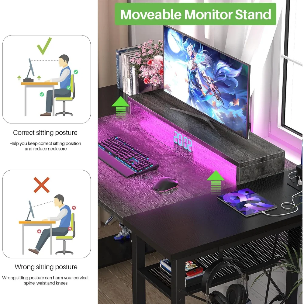 Bureau de jeu avec lumière LED, grand bureau d'ordinateur avec station de charge, bureau à domicile, support de moniteur, prise de courant, 48