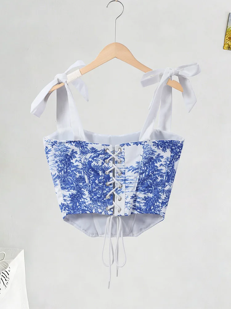 Bedruckte Schnür-Korsett-Tops für Damen, sexy, trägerlos, ärmellos, rückenfrei, schmal geschnitten, unregelmäßiger Saum, kurzes Top, neu, Partykleidung – Detail 3