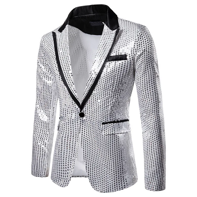 KIDWHXR Men Suit Coat Slim Contrast Color Sequins Turn Down Collar Man Blazer Single-breasted Stage Party Male Outerwear