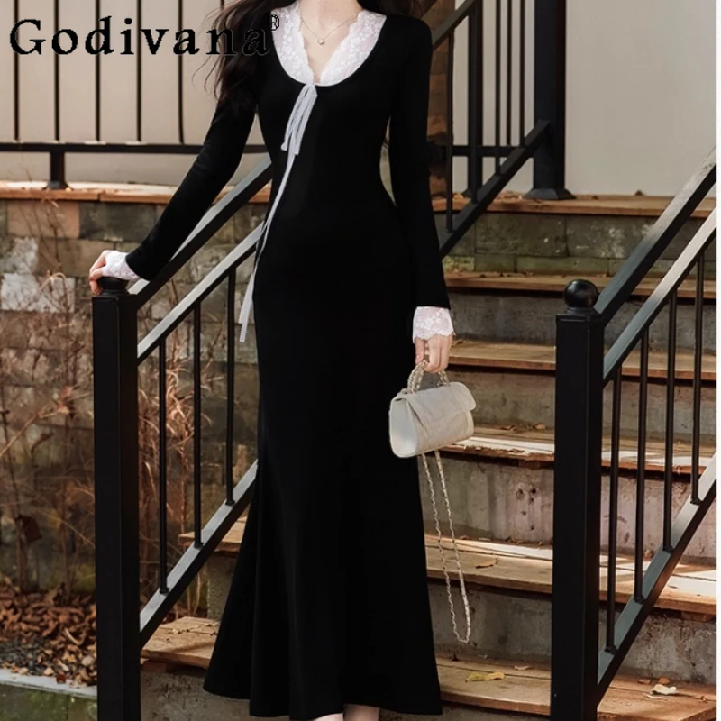 

Autumn Winter Elegant French V-neck Slim Knitted Black Bottom Dress Fashion High-waisted Party Lace Splicing Fishtail Dresses