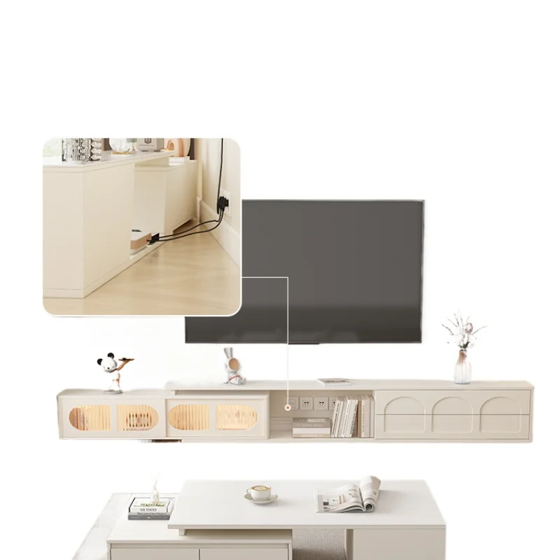 

RWJ TV Cabinet and Tea Table Combination Living Room Home Retractable Floor White Stone Plate Floor Cabinet