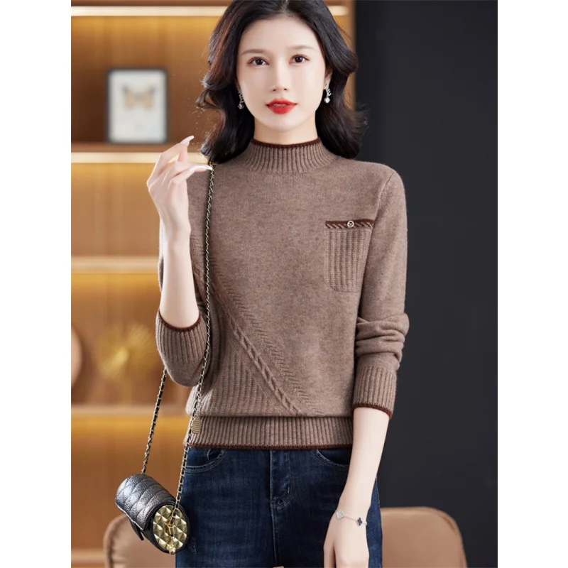 高級婦人ニットセーター ハーフハイカラー 長袖 クルーネック プルオーバー ベースレイヤーシャツ 広東省直販