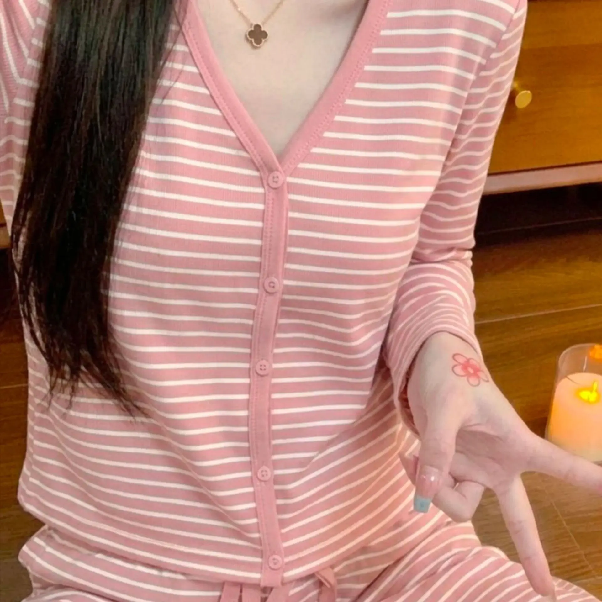 Korean-Style Relaxed-Fit Pajamas For Women: Spring/Fall Pink Striped Cardigan Top And New Slim-Fit Long Pants Set For Women
