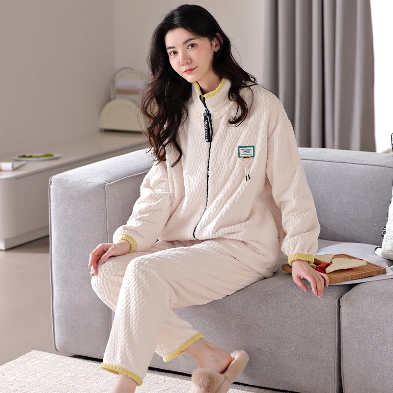 Winter Thick Warm Women Casual Flannel Pajamas Set Long Sleeve Female Homewear