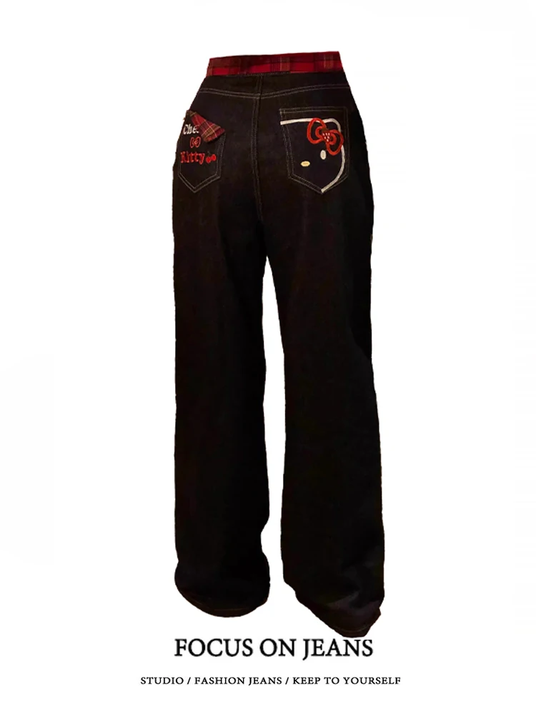 

Low Waist Wide Leg Straight Jeans Women's Spring Autumn Kit Plaid Splicing Casual Loose Workwear Trousers