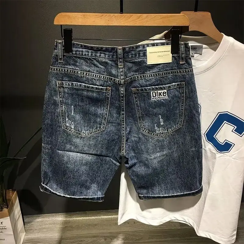 High-end 2025 New Luxury Clothing Trendy Men's Denim Shorts Loose Straight Ripped Hole Distressed Washed Cargo Short Pants