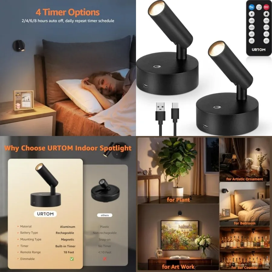 LED Wireless Spotlights Indoor with Remote Rechargeable Uplights with Timer Dimmable CRI 90+ Picture Light Battery Operated Spo