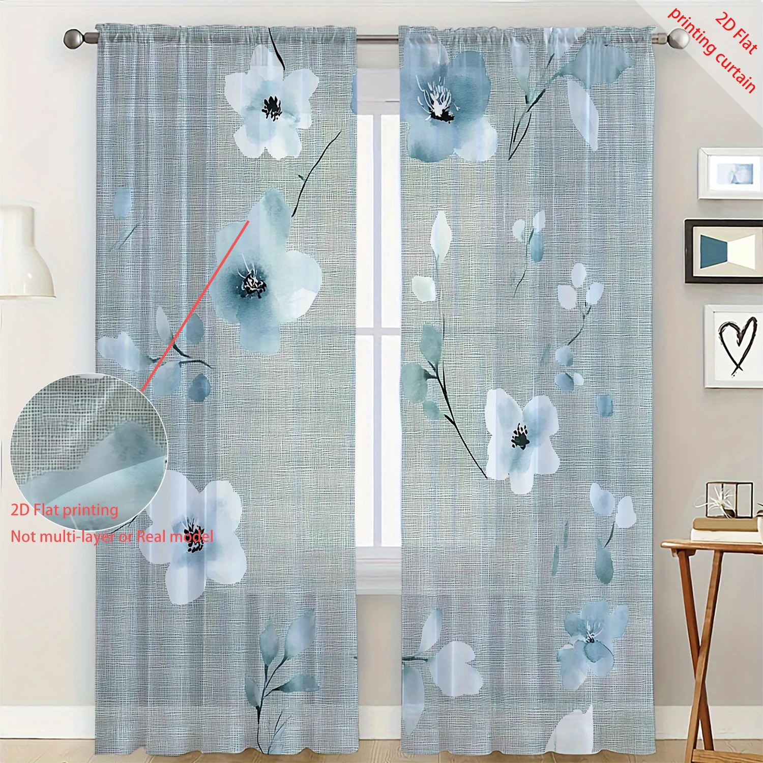 2 Pieces HD Digital Square Geometry Leaf Flower Printed Window Screen Home Decor Style Decoration Living Room Bedroom Rod