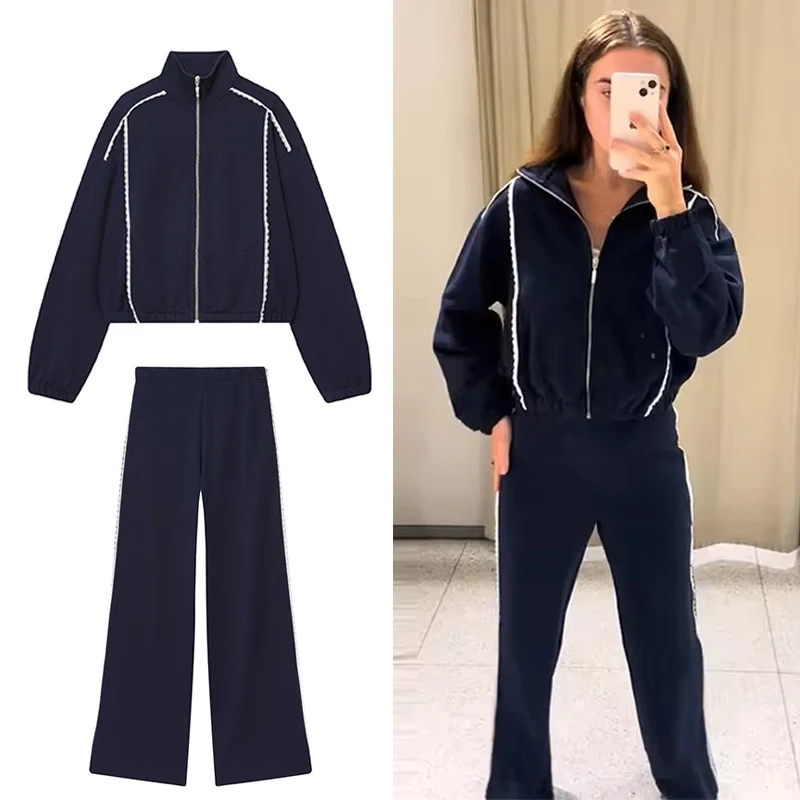 

Сплошной цвет, кружевная куртка, длинные брюки, комплекты из 2 предметов, женские свободные куртки на молнии, свободные брюки с высокой талией, повседневная женская одежда