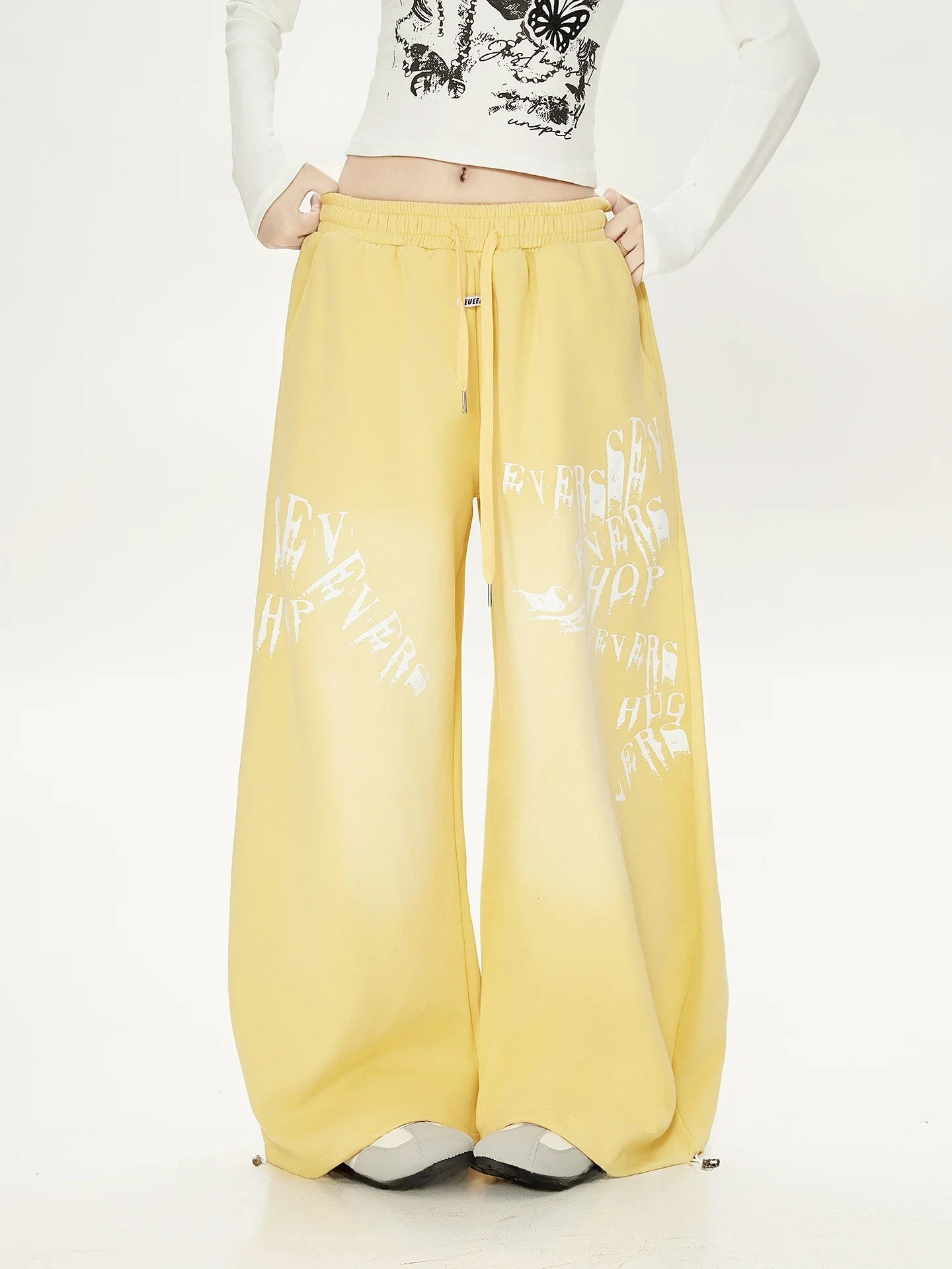 Slimming Wide Leg Casual Pants Women's Yellow Print Loose Fit Comfortable Straight Cut Sporty Trousers Korean Style Polyester...