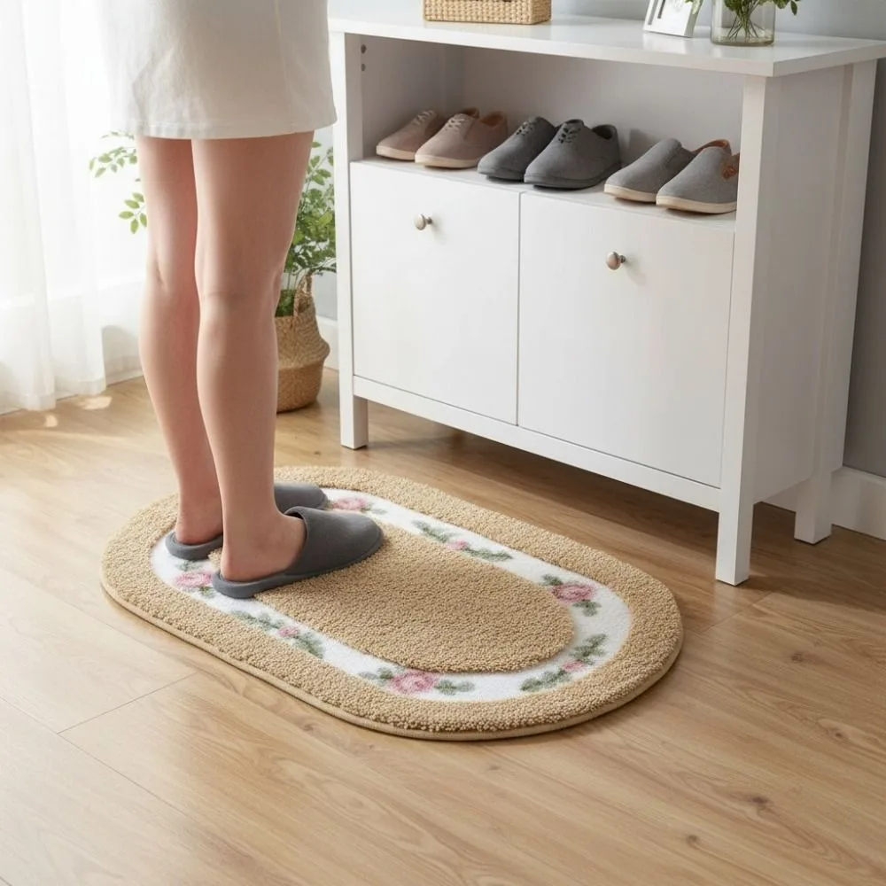 

Romantic Fluffy Rose Pattern Door Mat Absorbent Pastoral Style Bath Mat Nonslip Thickened Oval Floor Rug Home Decoration