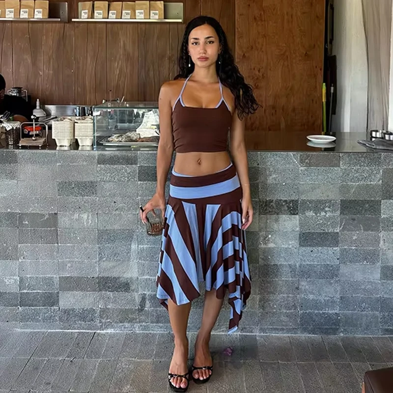 HXAO Striped Women's Skirt Asymmetric Blue Brown Midi Skirt Mid Waist Vacation Beach Woman Skirts Summer Elegant Female Skirt