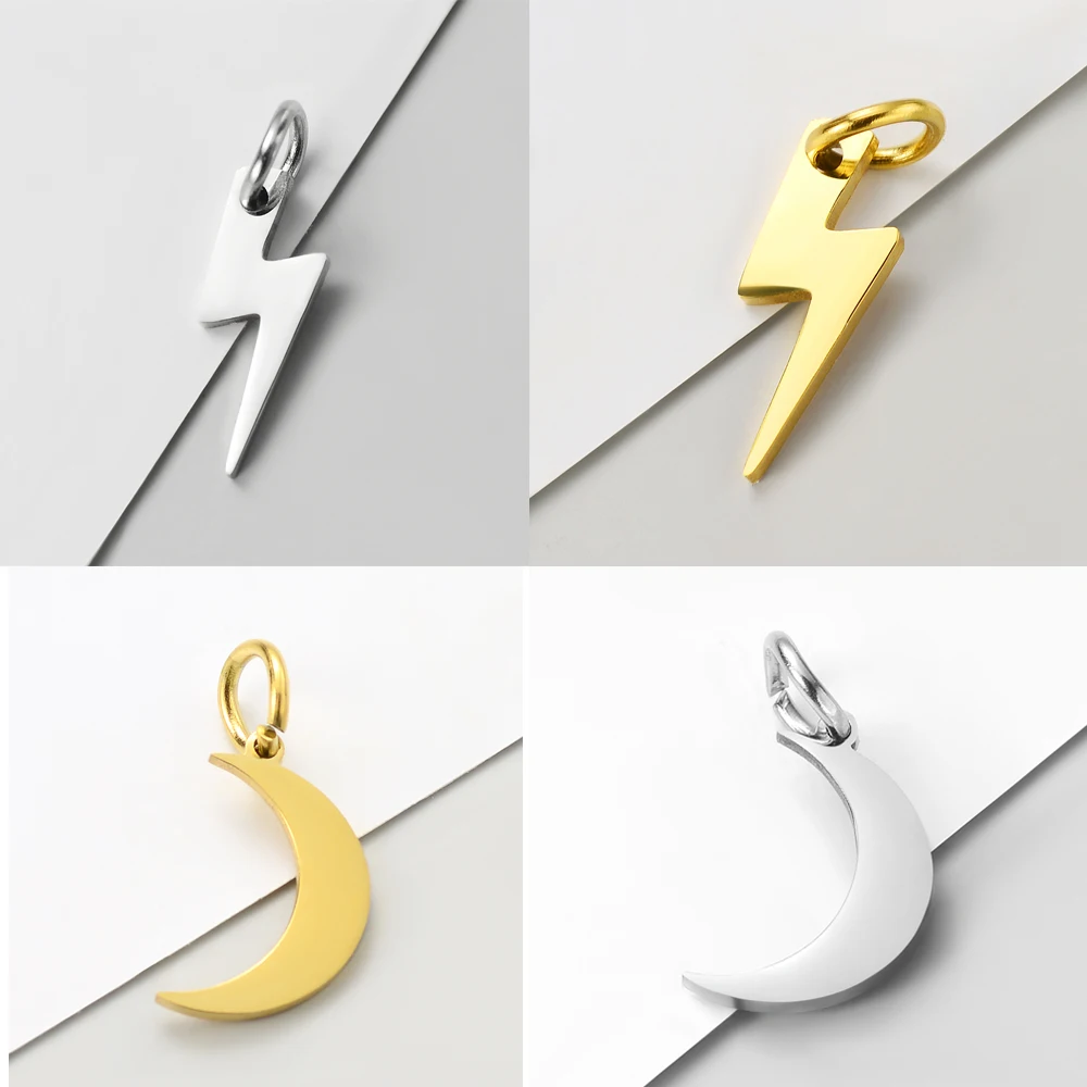 10pcs/Lot Stainless Steel Mirror Polish Lightning Charms Moon Pendants for DIY Jewelry Making Accessories