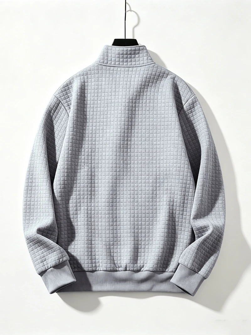 Herren Waffelstruktur Stehkragen Halbreißverschluss Langarm-Sweatshirt mit Kängurutasche, Locker Geschnitten, Frühling Herbst Weicher Lässiger Pullover – Detail 5