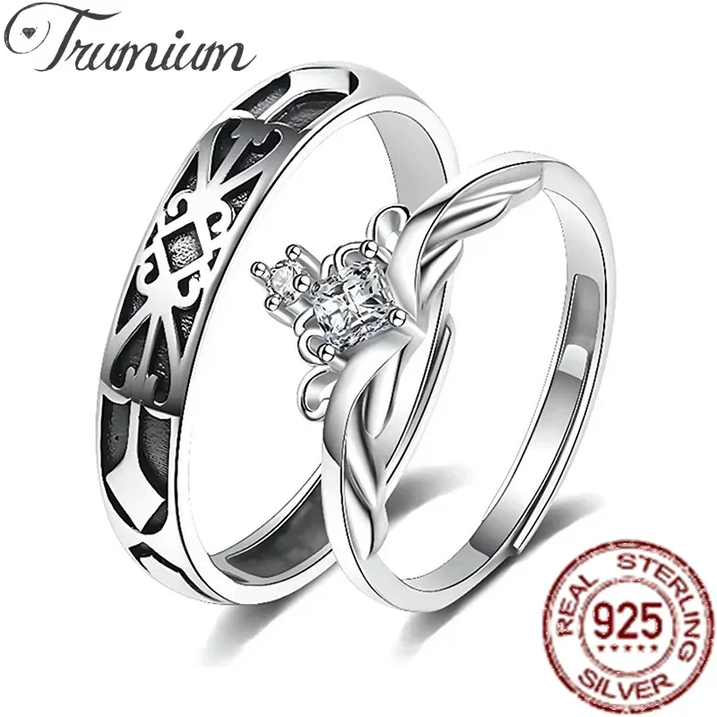 Trumium s925 Princess and Knight Crown Couples Matching Rings Promise Ring with Zircon for Women Men Best Friend Adjustable Ring