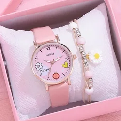 Women Watches Pink Cute Wristwatch Cartoon Pattern Quartz Watch Set for Girls Fashion Students' Clock Relogio Infantil (No Box)