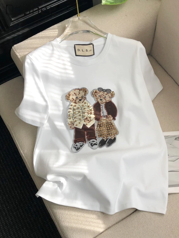 2025 Spring and Summer New Trendy Brand Casual Versatile Diamond Bear Embroidery Simple Tops Fashion Short-sleeved T-shirt Women