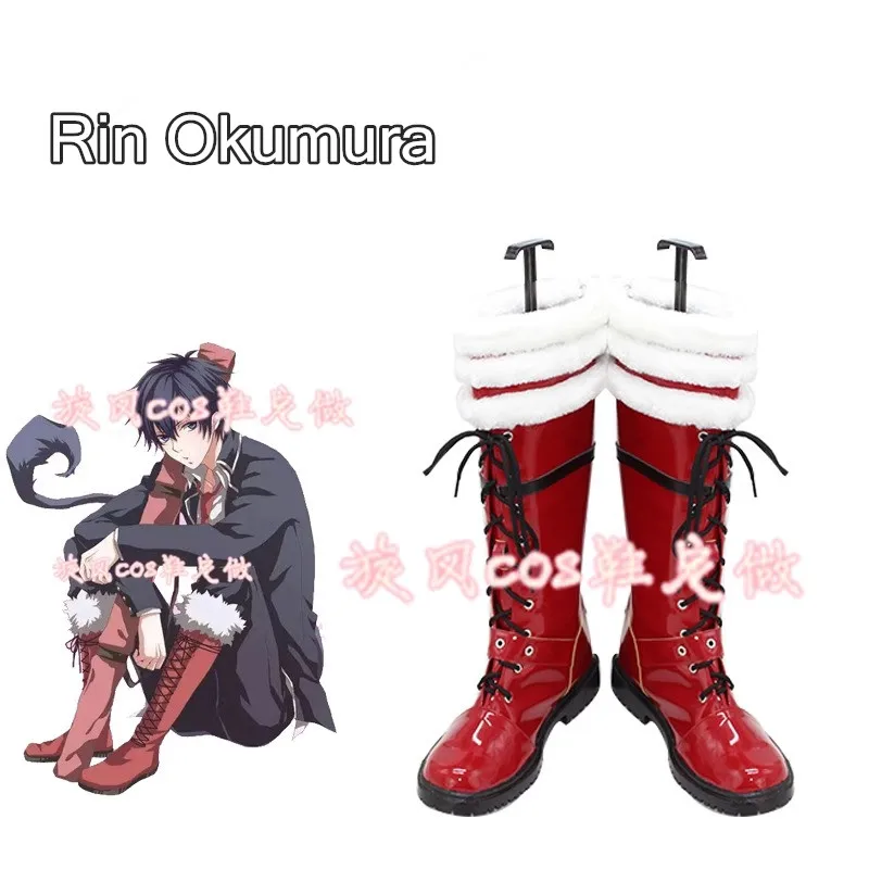 Anime Ao no Exorcist Rin Okumura Cosplay Shoes Handmade Synthetic Leather Red Boots