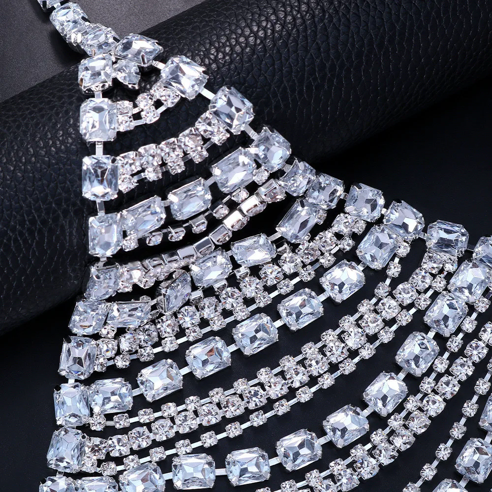 Shiny Crystal Square Stone Body Chain Bra Necklace Body Jewelry for Women Rhinestone Multilayer Sexy Lingerie Bralette Top Chest