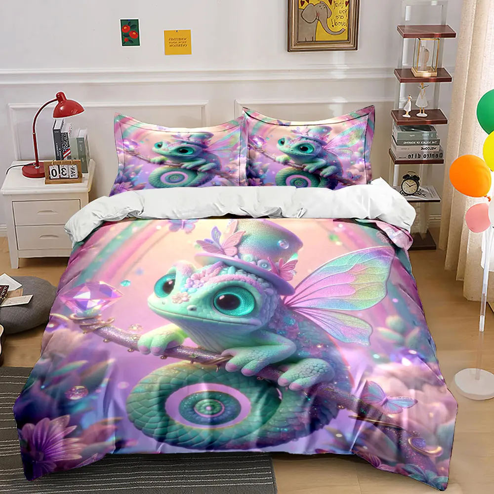 

Fantasy Chameleon with Magical Gem Print Bedding Set 1 Duvet Cover 2 Pillowcases for Adult and Children Luxury Gift Full Size