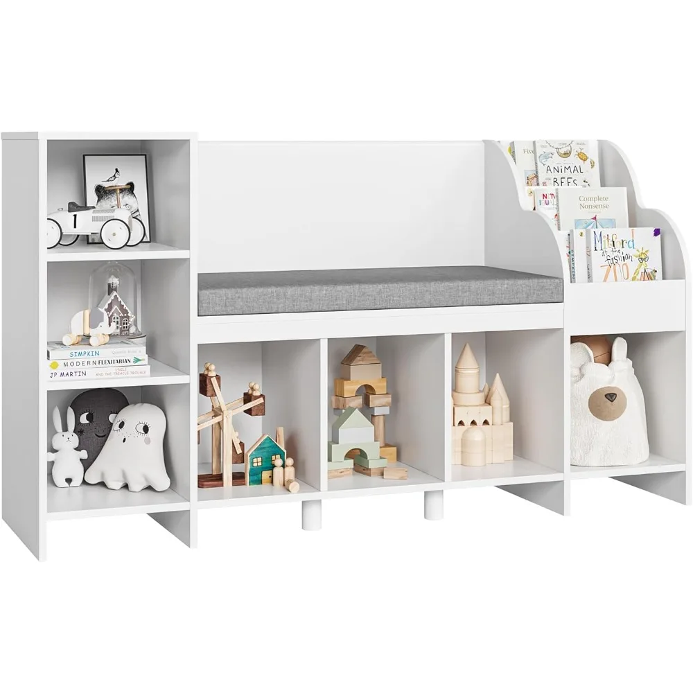 Kids Reading Nook Nursery Estante e Estante com Banco, Livro Prateleira Organizador com Almofada do assento e 6 Cubbies Armazenamento