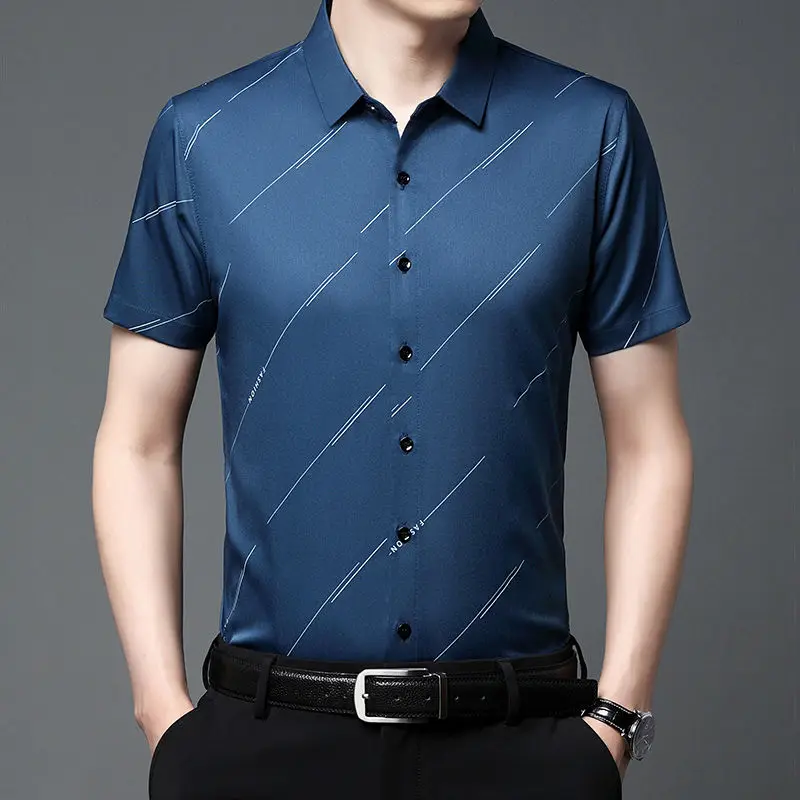 Business Office Casual Short Sleeve Printed Shirt for Men 2023 Summer Male Clothes All-match Single-breasted Polo-Neck Shirt