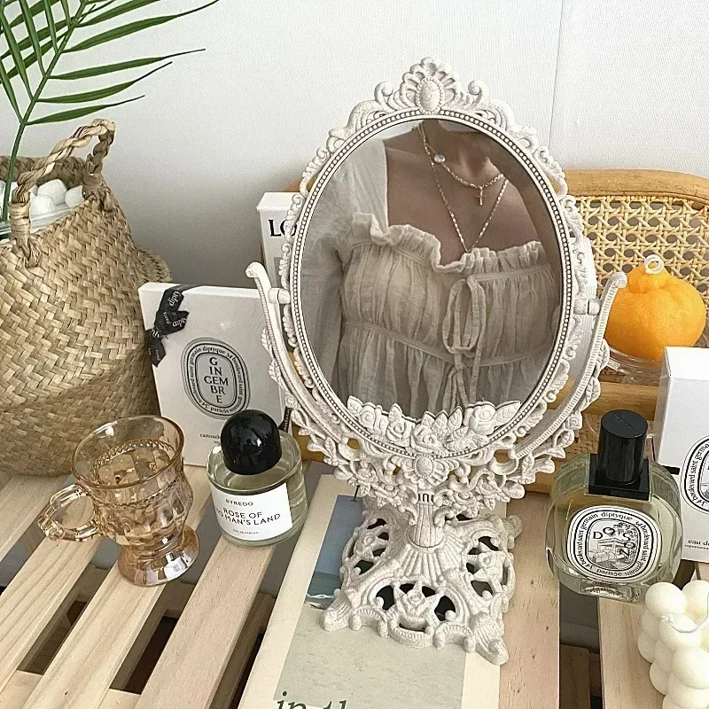 Vintage European Style Makeup Mirror Oval Shaped Cosmetic Mirror 360 Degree Rotating Swivel Desktop Vanity Mirror Home Decor