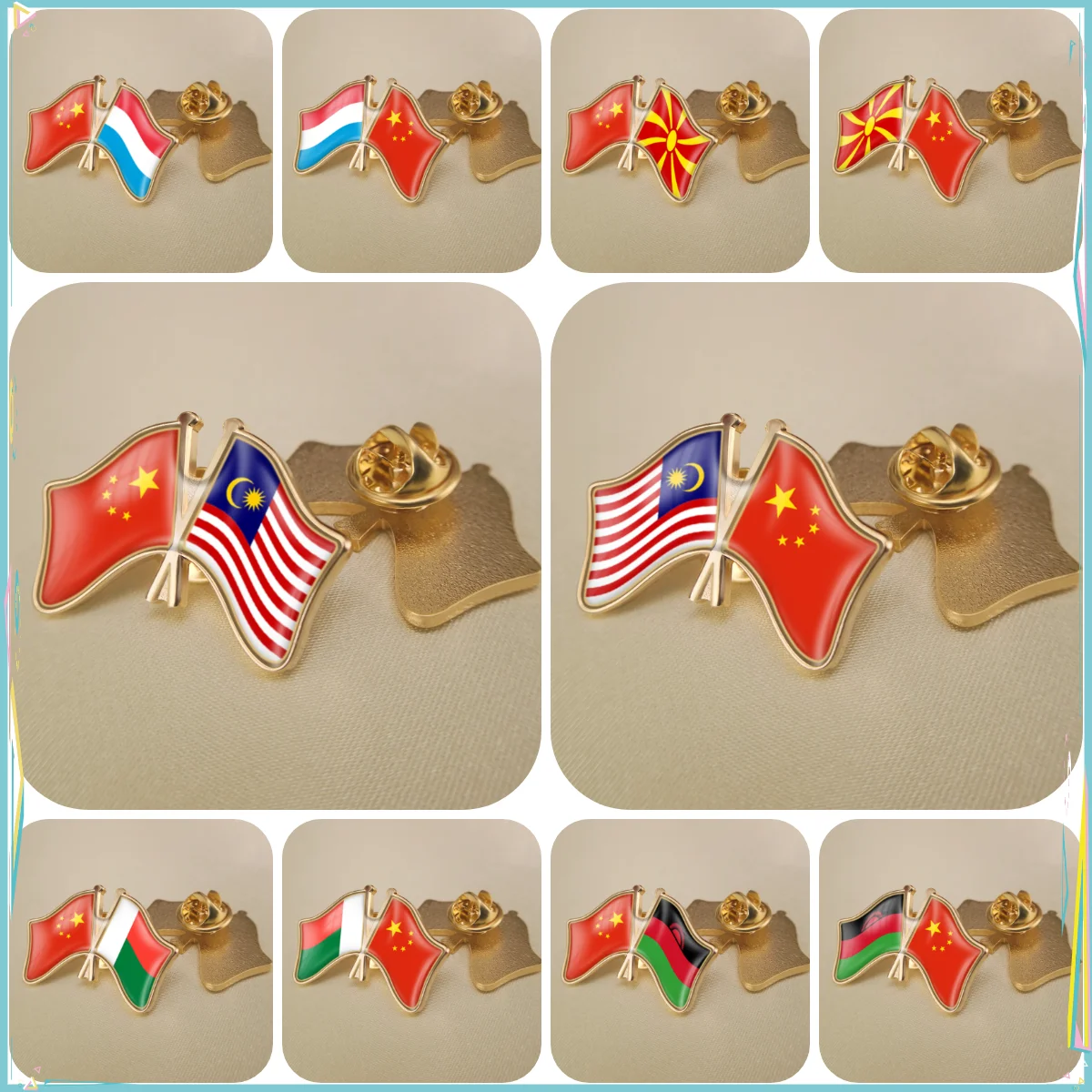 China and Luxembourg Macedonia Madagascar Malawi Malaysia Crossed Double Friendship Flags Lapel Pins Brooch Badges