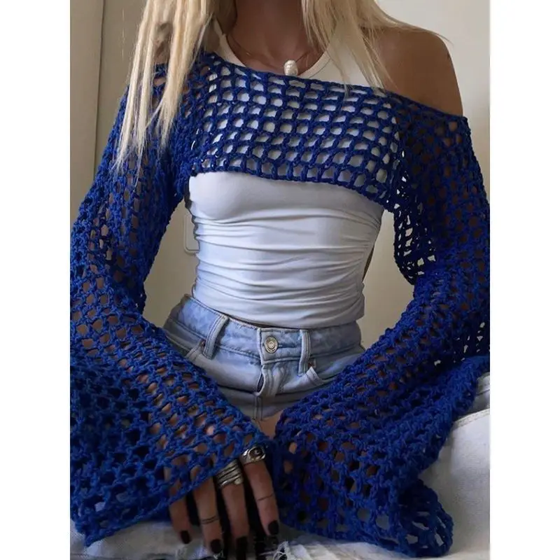 

Y2K Clothes 2000s Streetwear Hollow Out Summer Knit Cropped Tops Long Sleeves Outerwear Cover-ups Fitted Tops Trendy Pullover