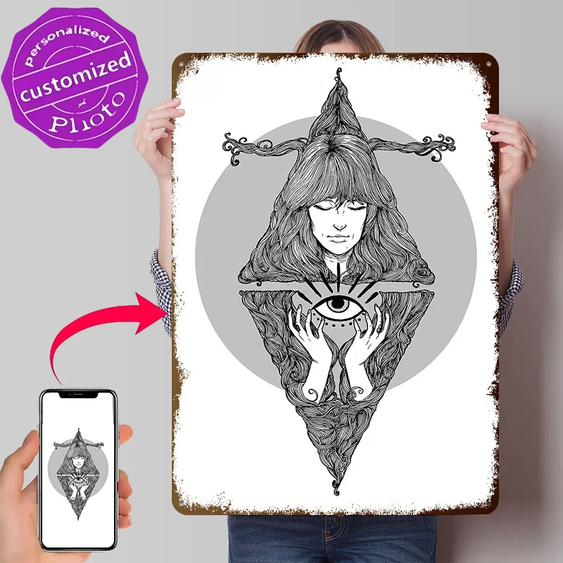 Mystic Woman With All-Seeing Eye Personalized 3D Textured Metal Poster Wall Art Tinplate Sign for Room Decorations Man Cave Home