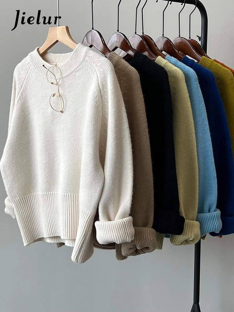 Jielur Autumn Winter Women Knitted Sweater Pullovers Female Jumper Warm Beige Light Coffee O-neck Basic Sweaters Tops 7 Colors