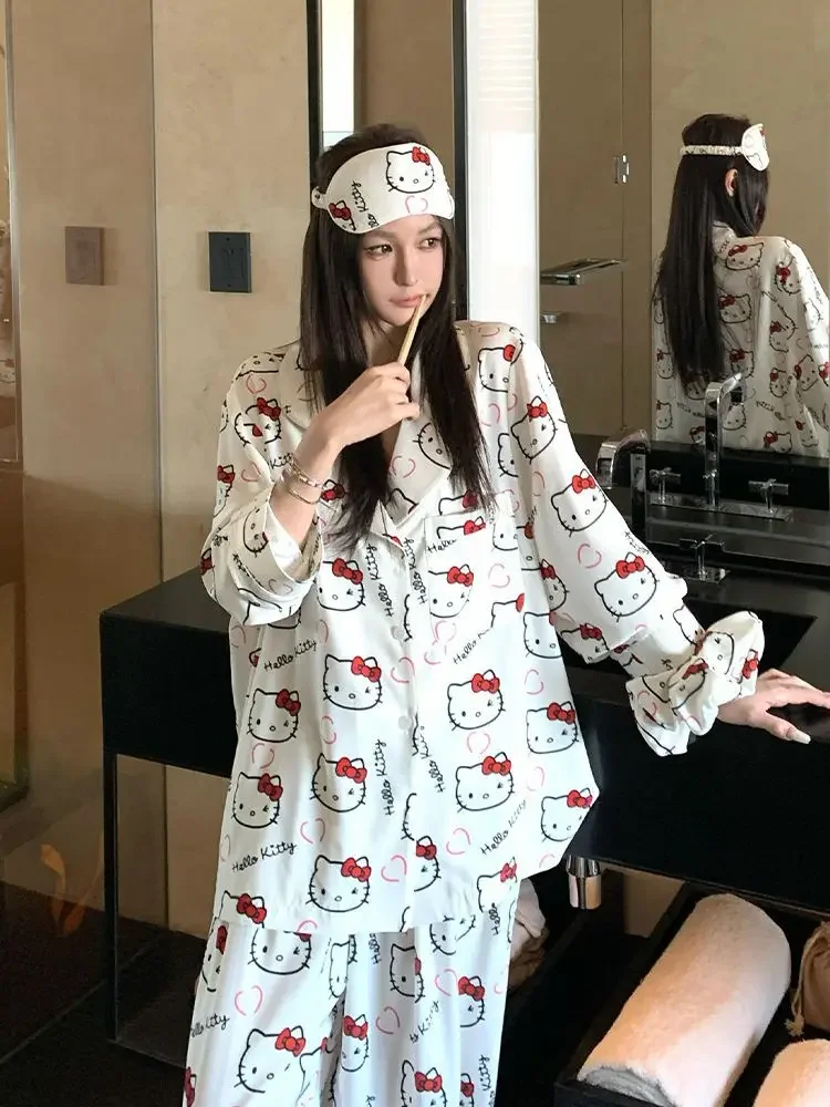 Kawaii Sanrio Hallo Kitty Frauen Nachthemd Sommer Nette 2Pcs Pyjamas Anzug Anime Eis Seide Homewear Set Cartoon Mädchen Hause kleidung