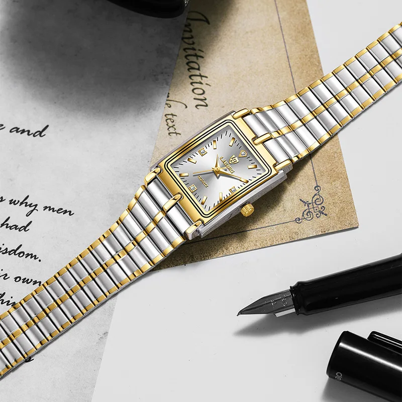 Reloj de cuarzo para hombre y mujer, cronógrafo clásico, dorado, rectangular, de negocios, de lujo