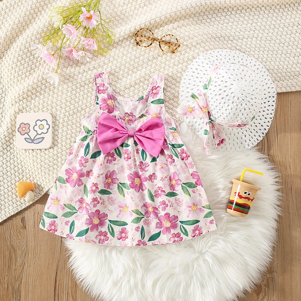 (0-3 Years Old) Summer Baby Girl Cotton Flower Suspender Beach Dress Girl Cute Bow Princess Dress With Hat