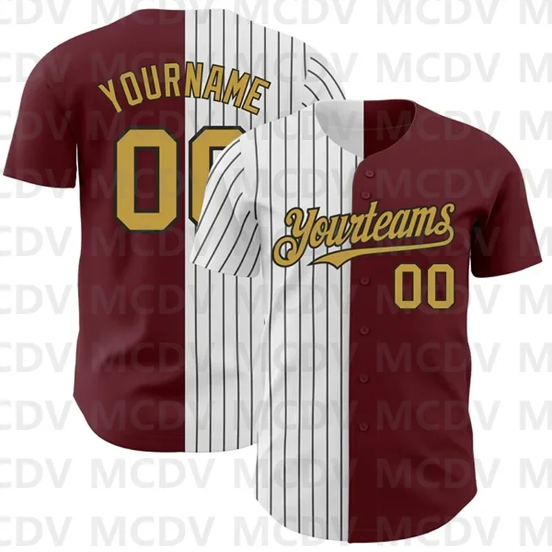 Custom Burgundy White-Black Pinstripe Authentic Split Fashion Baseball Jersey 3D Printed Casual Team Shirts Unisex Tops