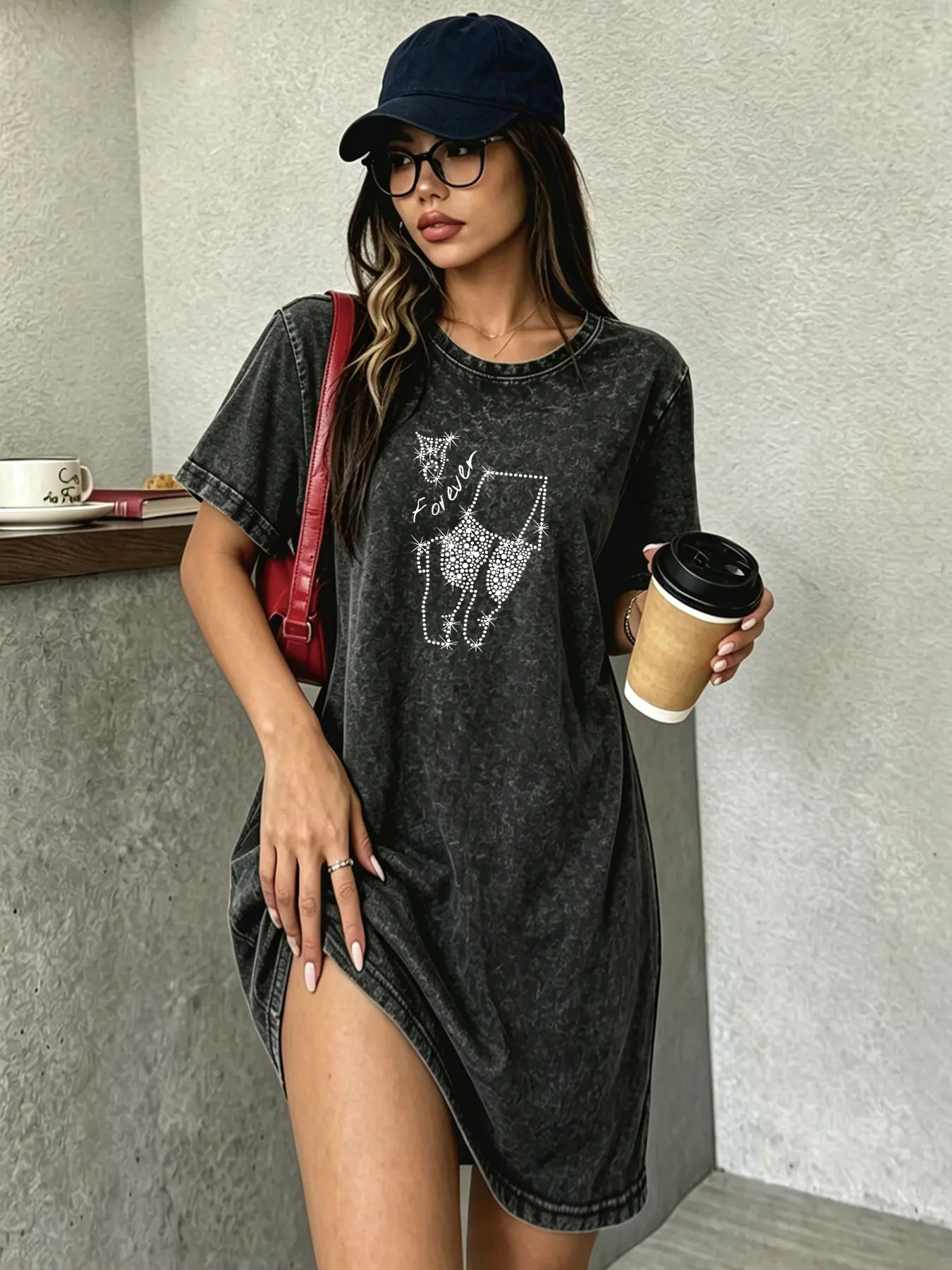 Vintage Gewaschenes Distressed T-Shirt-Kleid für Damen, Bedrucktes Kleid, ein Bestseller der Mode-Streetwear-Marken
