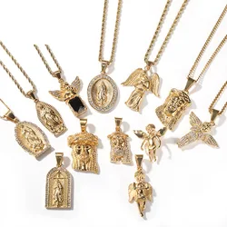 Hip Hop Bling Gold Color Stainless Steel Angel Virgin Mary JESUS PIECE Pendants Necklaces for Men Jewelry