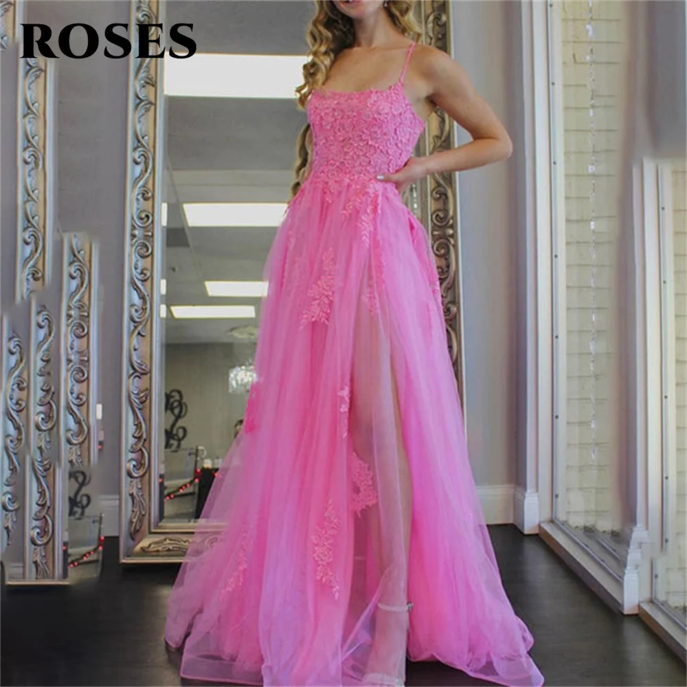 

ROSES Appliques Lace Tulle Prom Dress Lace up Back Celebrity Dresses Spaghetti Strap Evening Dress Fuchsia Formal Gown 프롬 드레스