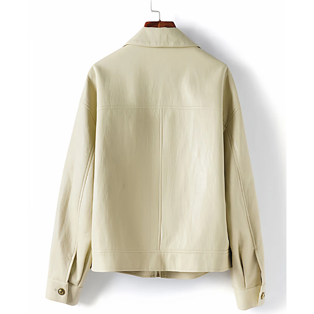 New Women Split Leather Jacket Spring Autumn Fashion Turn-down Collar Long Sleeve Casual Jacket Loose Daily Short Leather Coat view 4