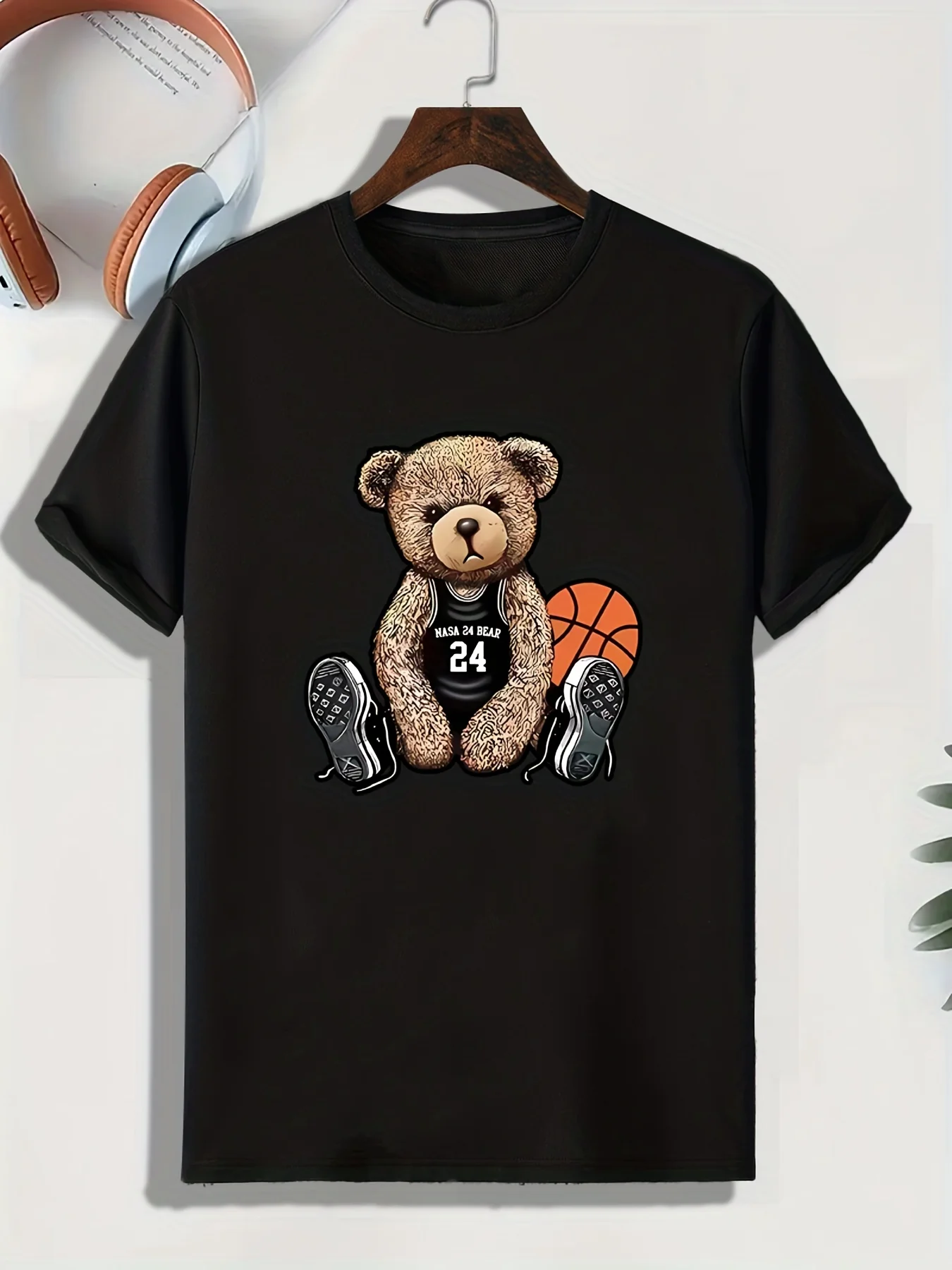 New Children's Adult Boys and Girls Basketball Bear Cartoon Printed Round Neck T-shirt Top for Daily Casual Fashion Short Sleeve