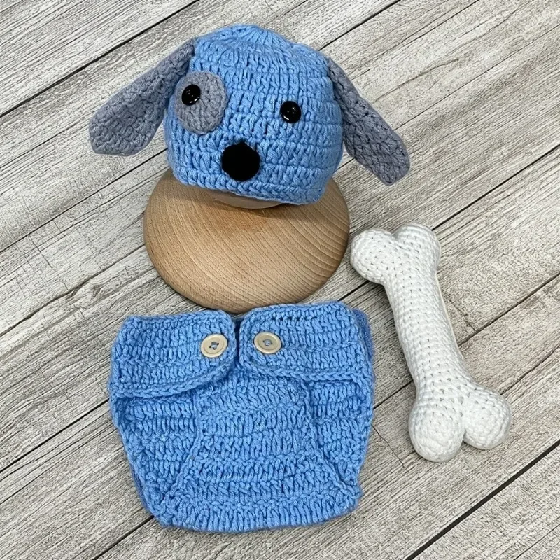 

Baby Puppy Costumes Newborn Photography Props Crochet Knitted Dog Hat Shorts and Bones Sets Studio Infant PhotoShoot Outfits